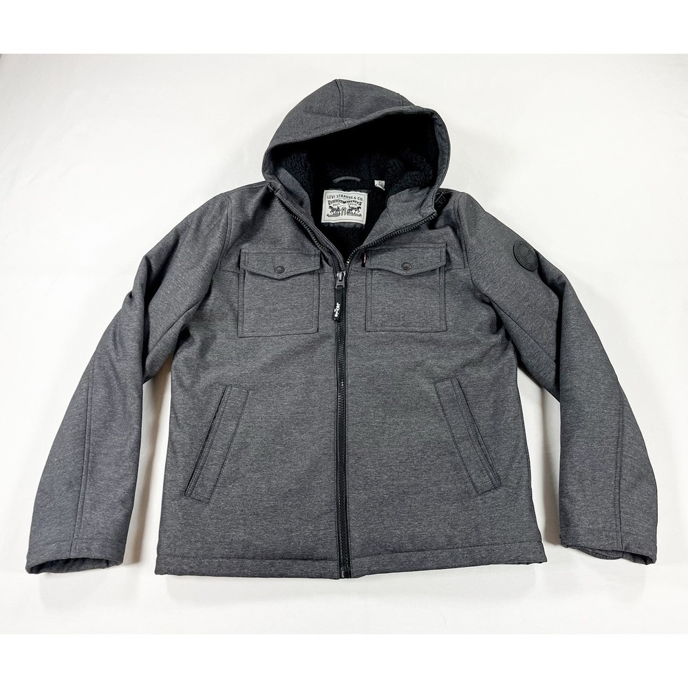 Levis Mens Soft Shell Sherpa Lined Hooded Storm Coat Utility Jacket Gray S